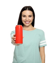 Photo of Beautiful happy woman holding red beverage can on white background