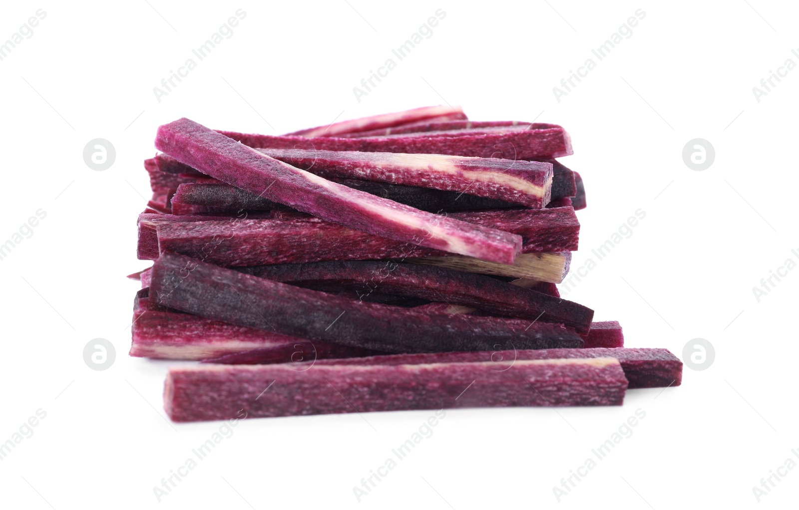 Photo of Raw purple carrot sticks isolated on white
