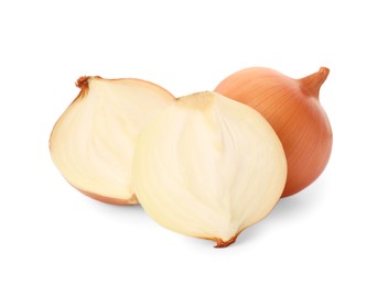Photo of Whole and cut onions on white background