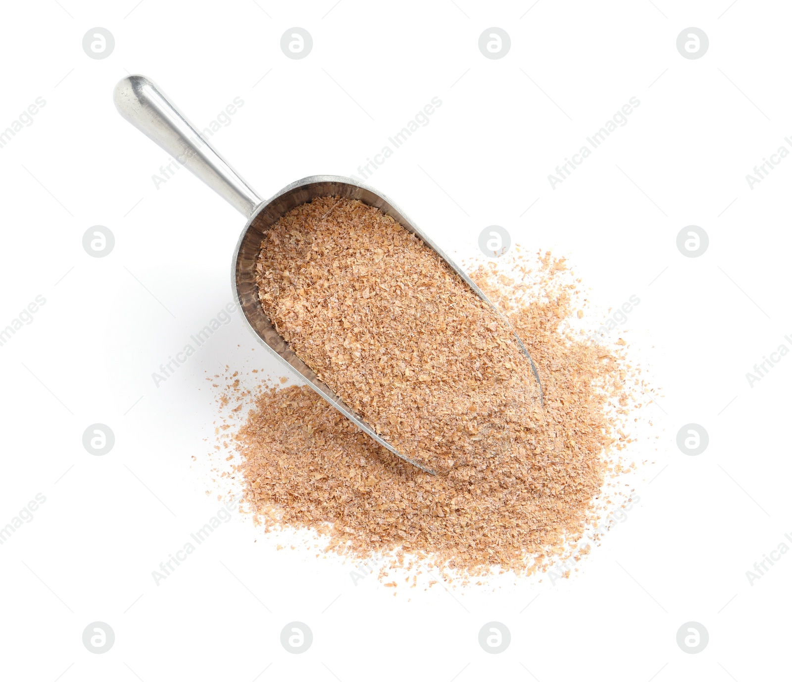 Photo of Metal scoop with wheat bran on white background, top view