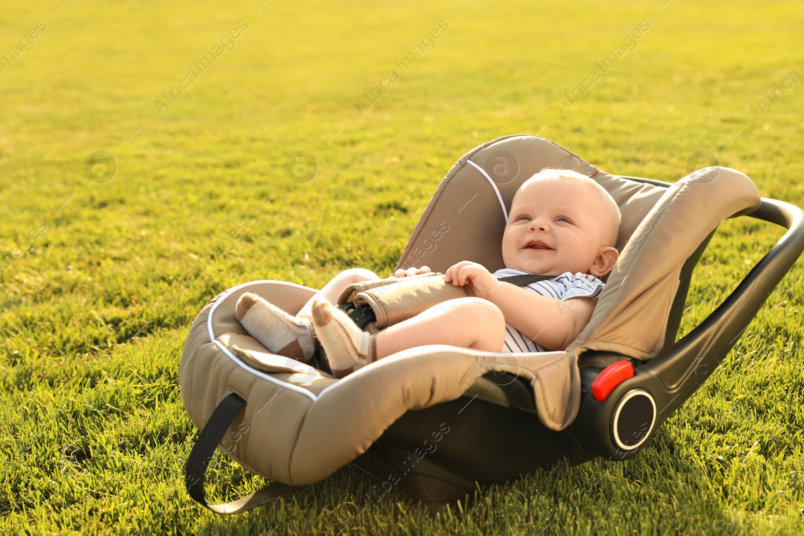 Photo of Adorable baby in child safety seat on green grass