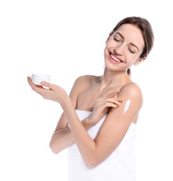 Photo of Young woman with jar of cream on white background. Beauty and body care