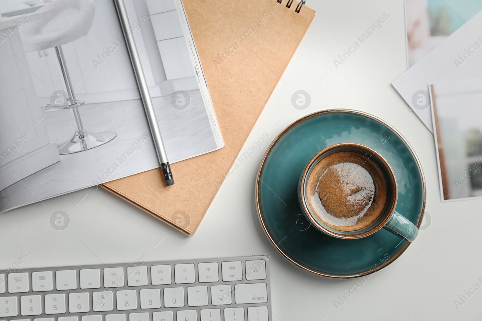 Photo of Creative flat lay composition with delicious hot coffee on table