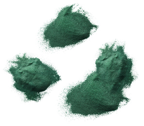 Image of Set of spirulina algae powder on white background, top view