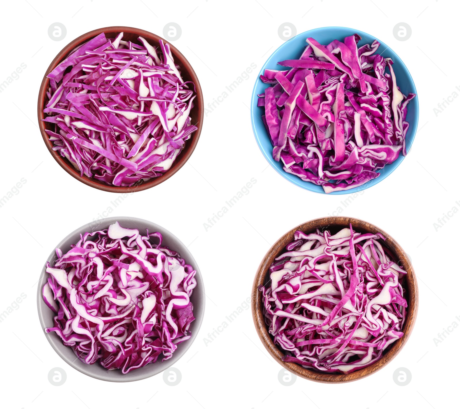 Image of Set of shredded fresh red cabbage in bowls on white background, top view