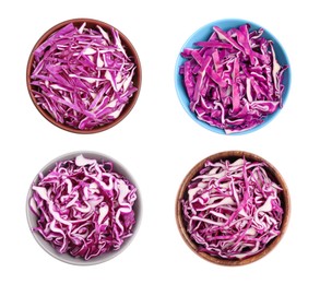 Image of Set of shredded fresh red cabbage in bowls on white background, top view