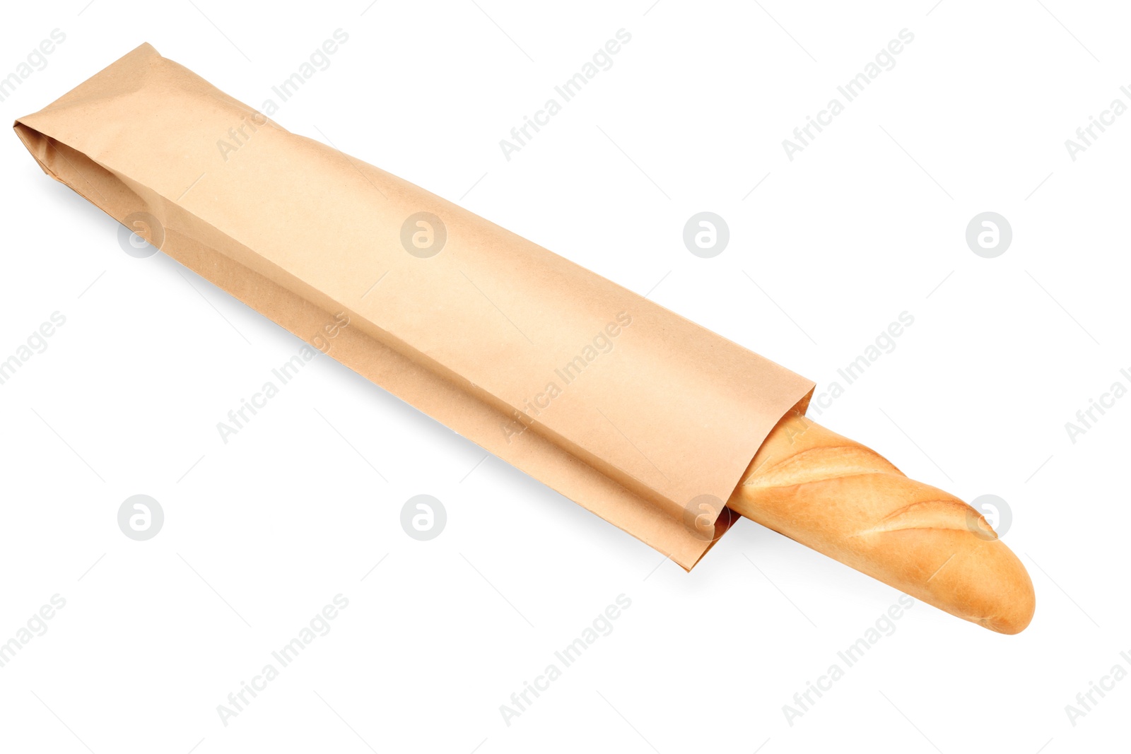 Photo of Paper bag with baguette on white background. Space for design