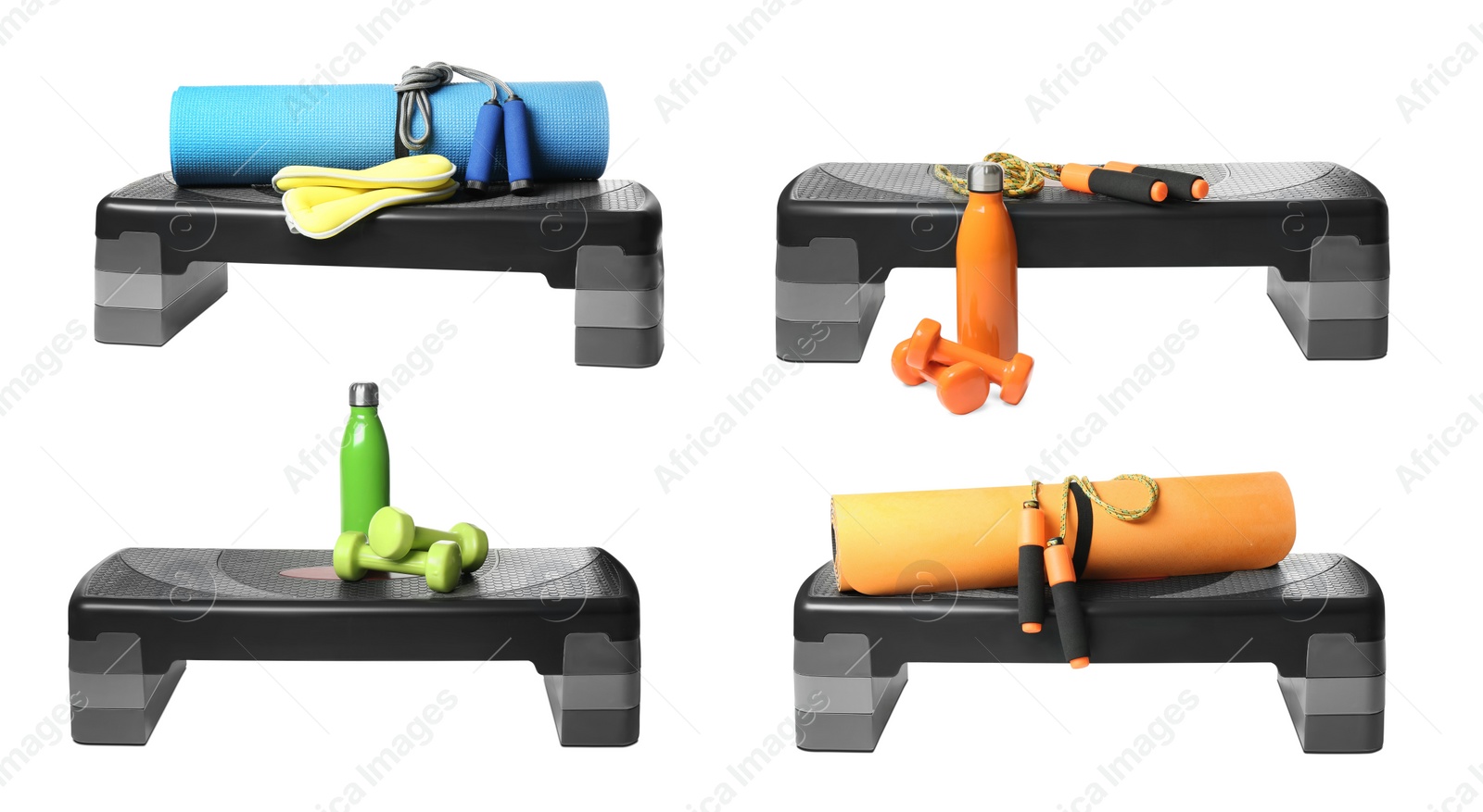 Image of Set with step platforms and sports equipment on white background