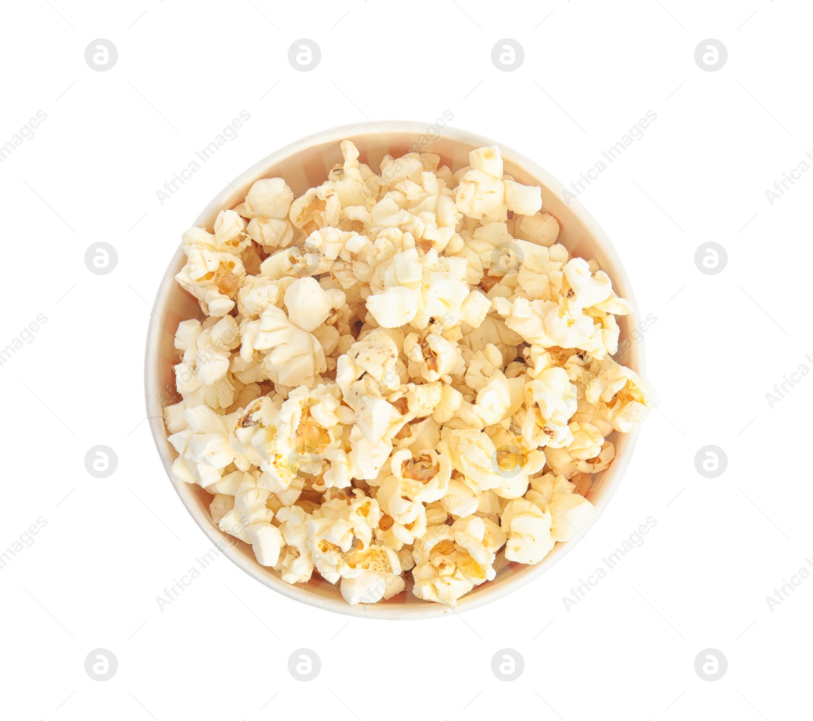 Photo of Bucket of tasty pop corn isolated on white, top view