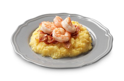 Photo of Plate with fresh tasty shrimps, bacon and grits isolated on white