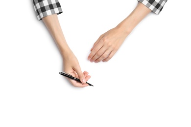 Woman with pen on white background, top view. Closeup of hands