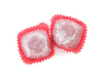 Delicious mochi on white background, top view. Traditional Japanese dessert