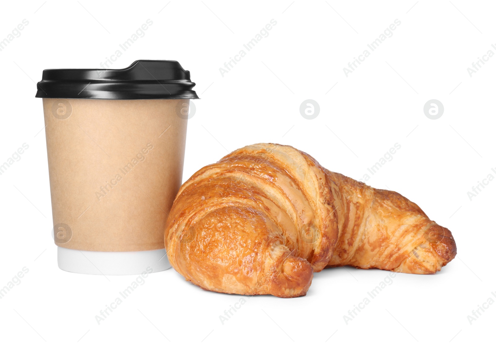 Photo of Delicious fresh croissant and paper cup with coffee isolated on white