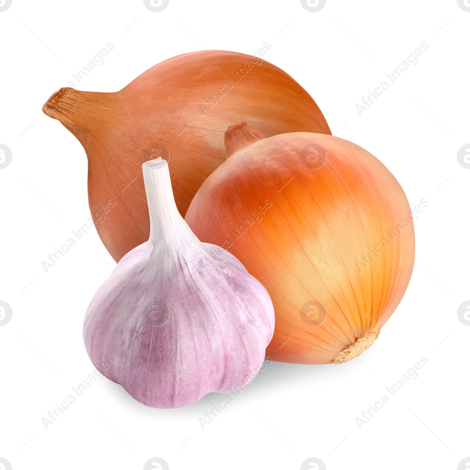 Image of Garlic and yellow onion bulbs isolated on white