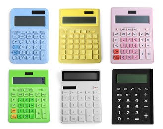 Set with different calculators on white background, top view