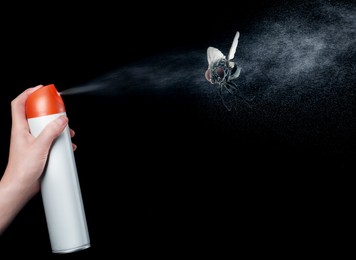 Image of Woman spraying insect aerosol on fly against black background, closeup