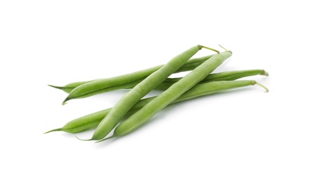 Photo of Delicious fresh green beans on white background