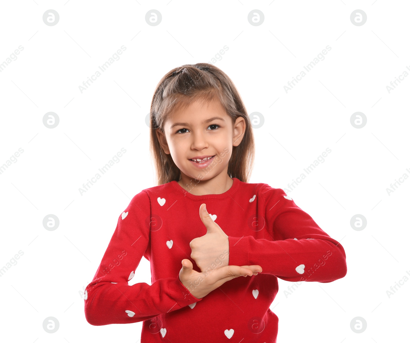Photo of Little girl showing HELP gesture in sign language on white background