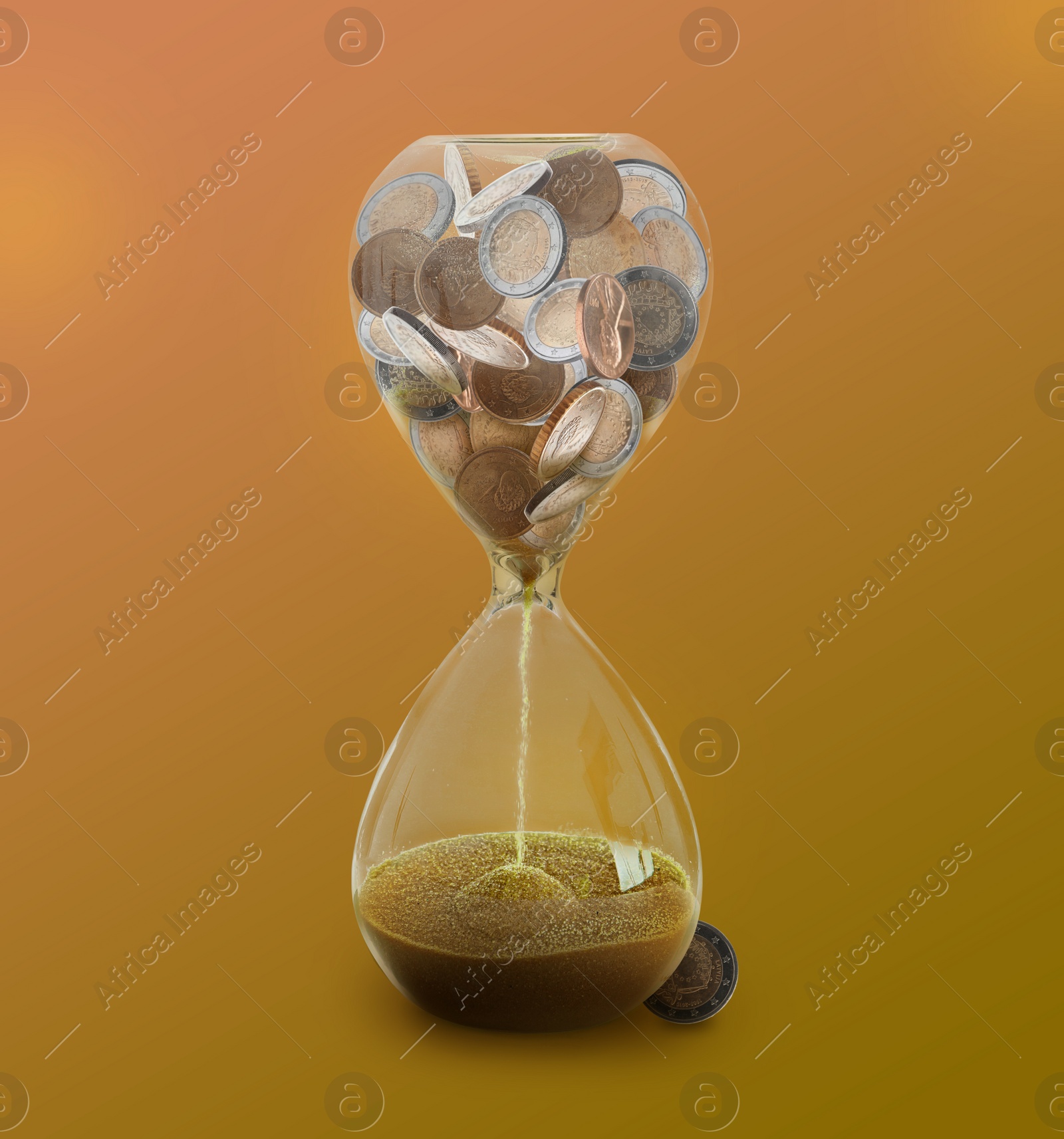 Image of Time is money. Hourglass full of coins converting into golden sand on color background