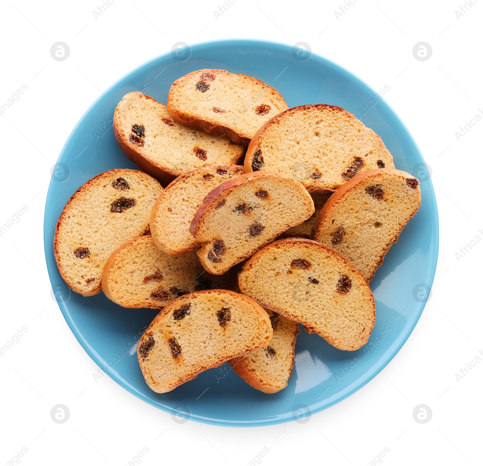 Photo of Plate of sweet hard chuck crackers with raisins on white background, top view