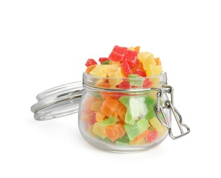 Photo of Mix of delicious candied fruits in jar isolated on white