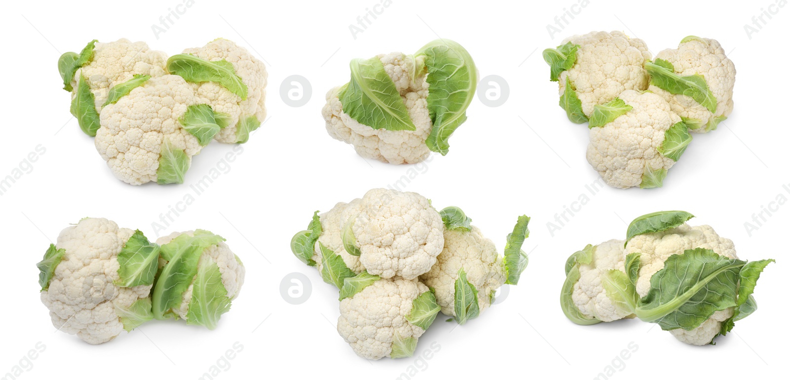 Image of Collage of whole fresh raw cauliflowers on white background