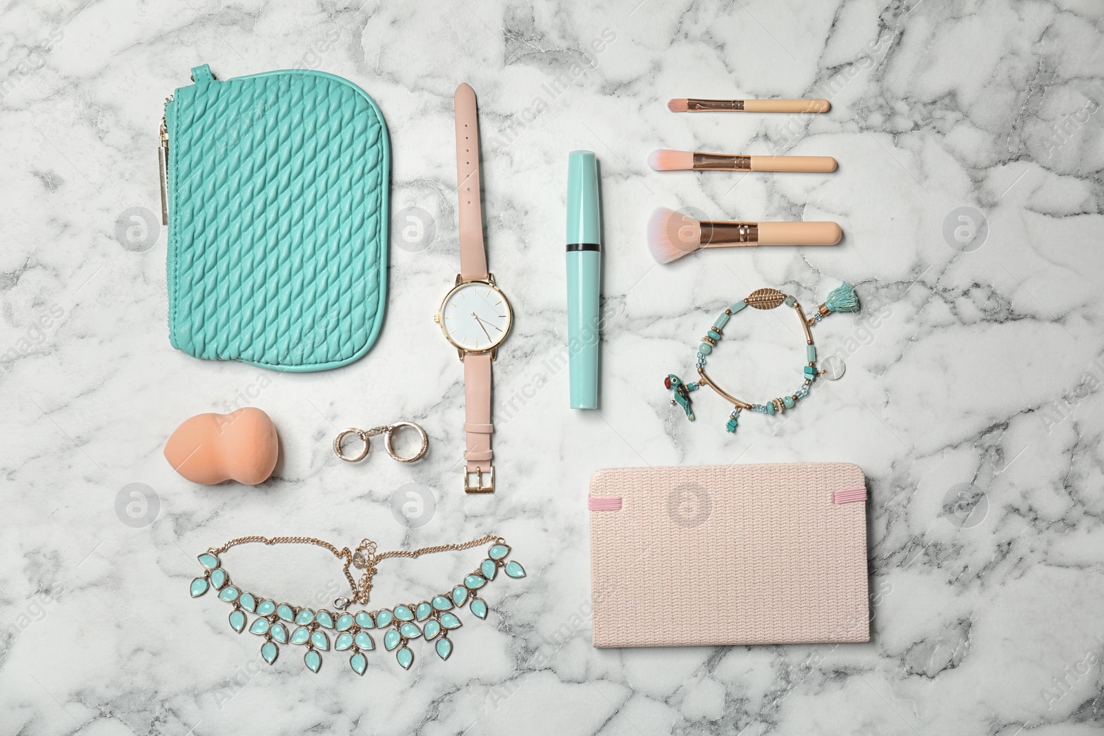 Photo of Flat lay composition with stylish accessories on marble background