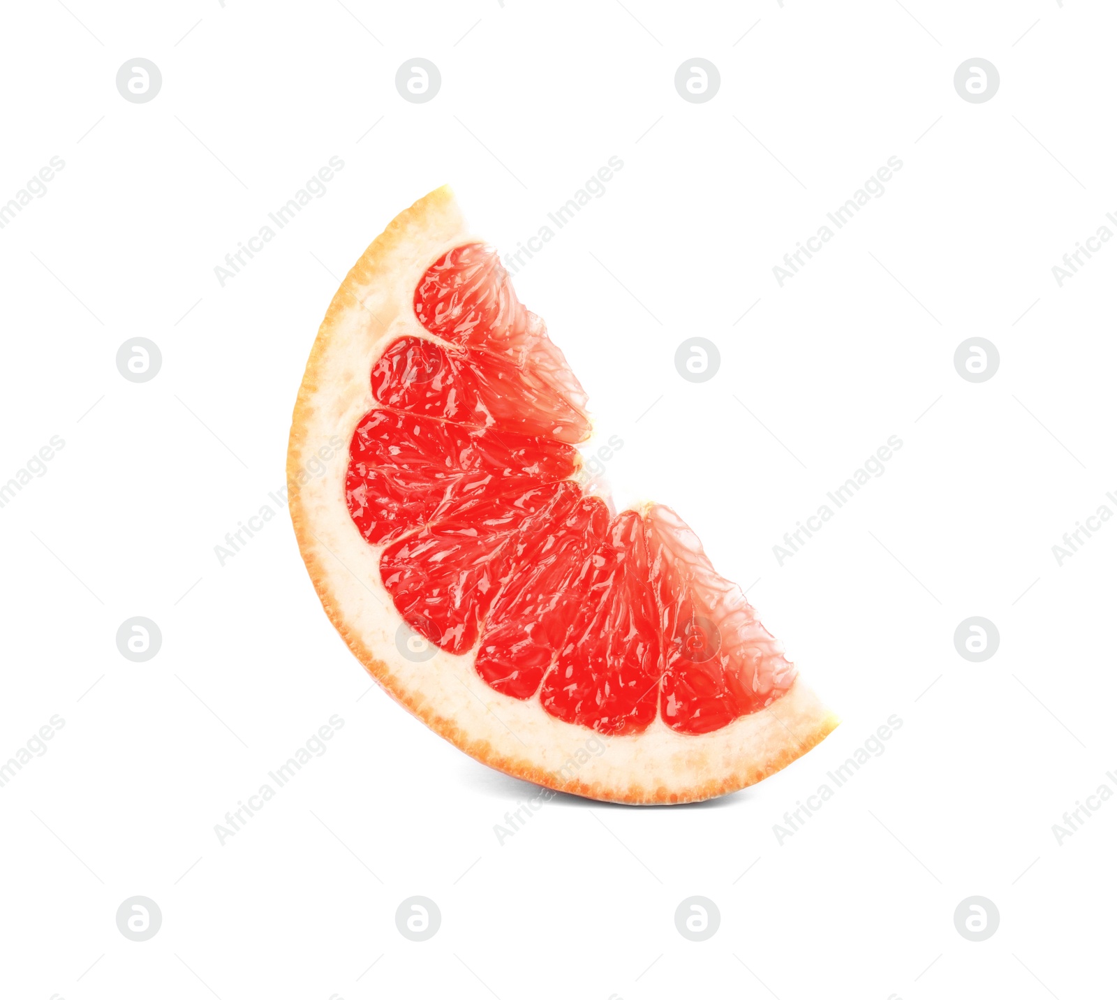 Photo of Slice of ripe juicy grapefruit on white background