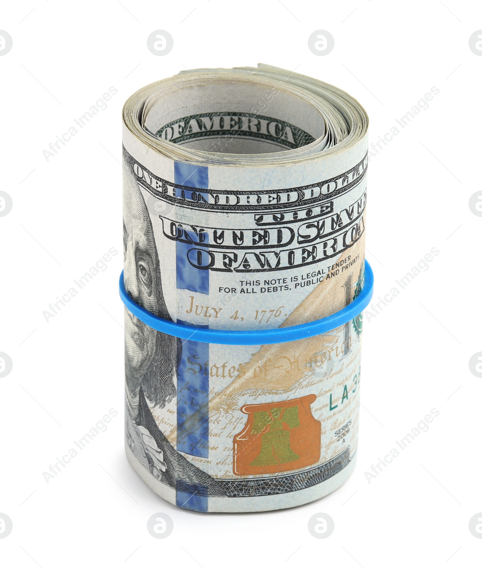 Photo of Roll of dollar bills with rubber band on white background