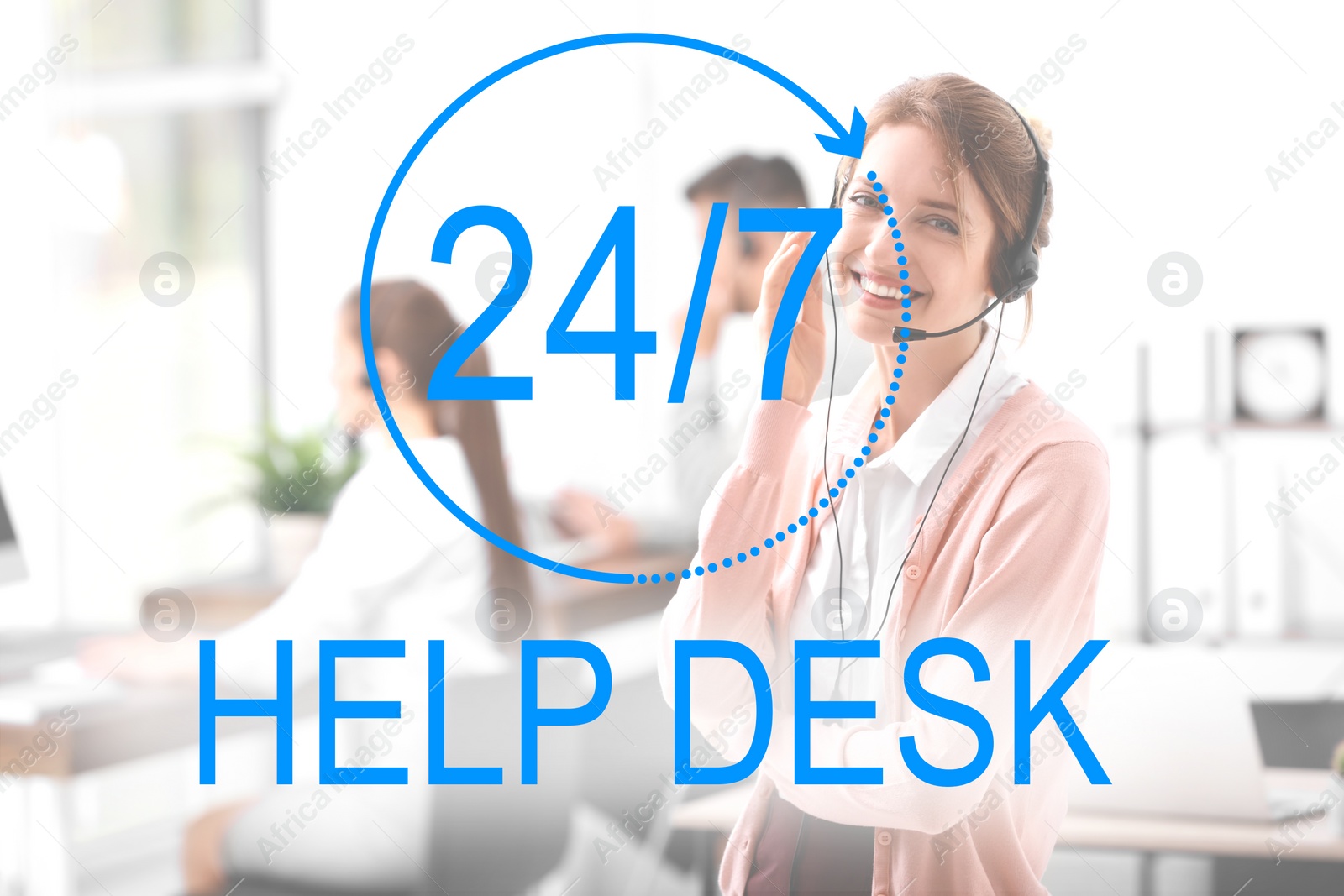 Image of Young receptionist with headset in office. Help desk service