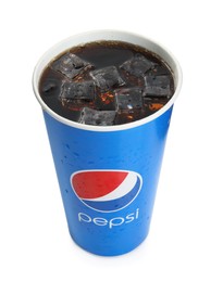Photo of MYKOLAIV, UKRAINE - JUNE 9, 2021: Paper cup of Pepsi with ice cubes isolated on white