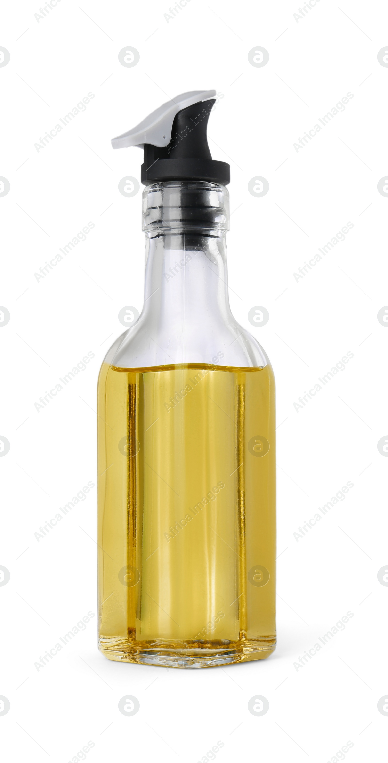Photo of Glass bottle of cooking oil isolated on white