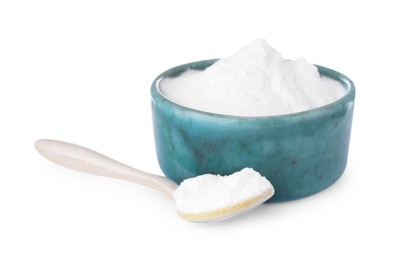 Bowl and spoon with sweet fructose powder on white background