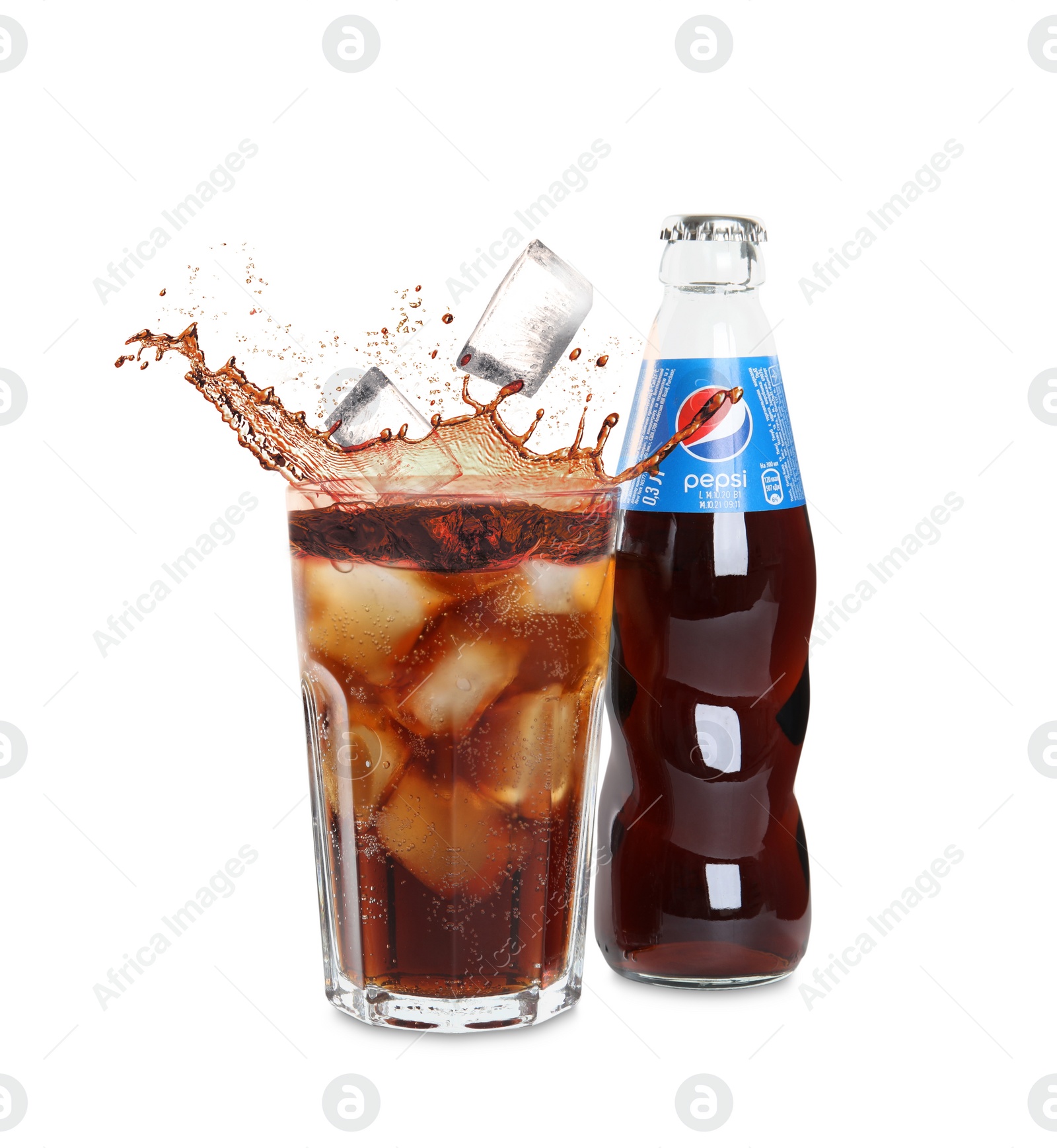 Image of MYKOLAIV, UKRAINE - FEBRUARY 10, 2021: Glass and bottle of Pepsi on white background