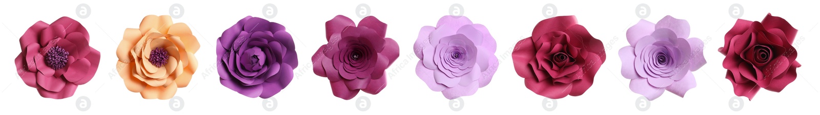 Image of Set with beautiful flowers made of paper on white background, top view. Banner design