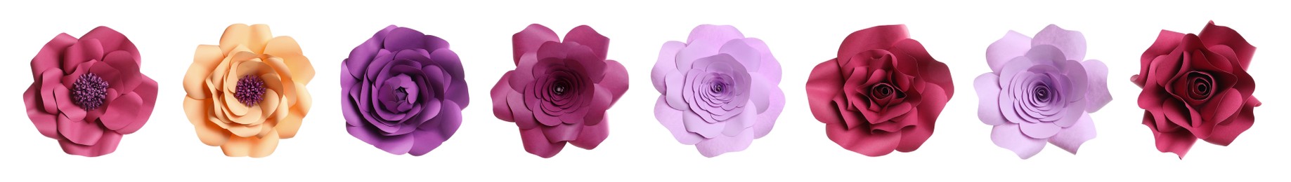 Image of Set with beautiful flowers made of paper on white background, top view. Banner design