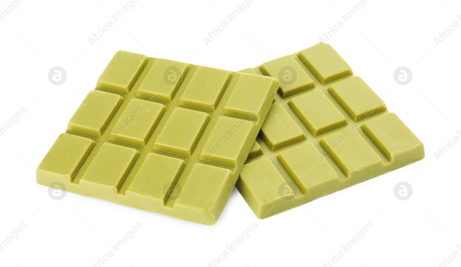 Photo of Pieces of tasty matcha chocolate bar isolated on white