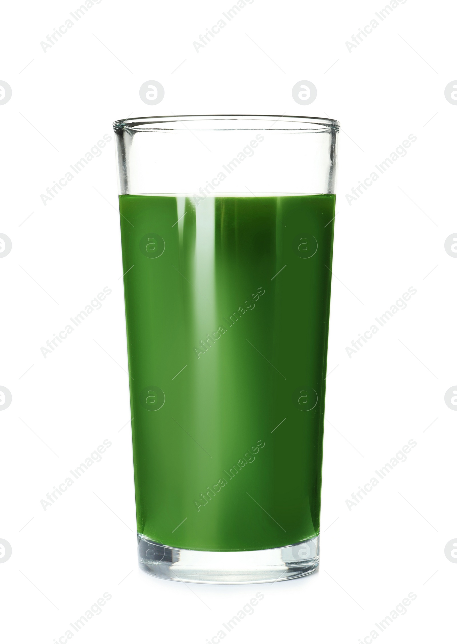 Photo of Glass of spirulina drink on white background