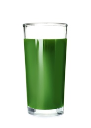 Photo of Glass of spirulina drink on white background