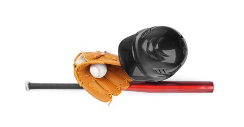 Baseball glove, bat, ball and batting helmet isolated on white, top view