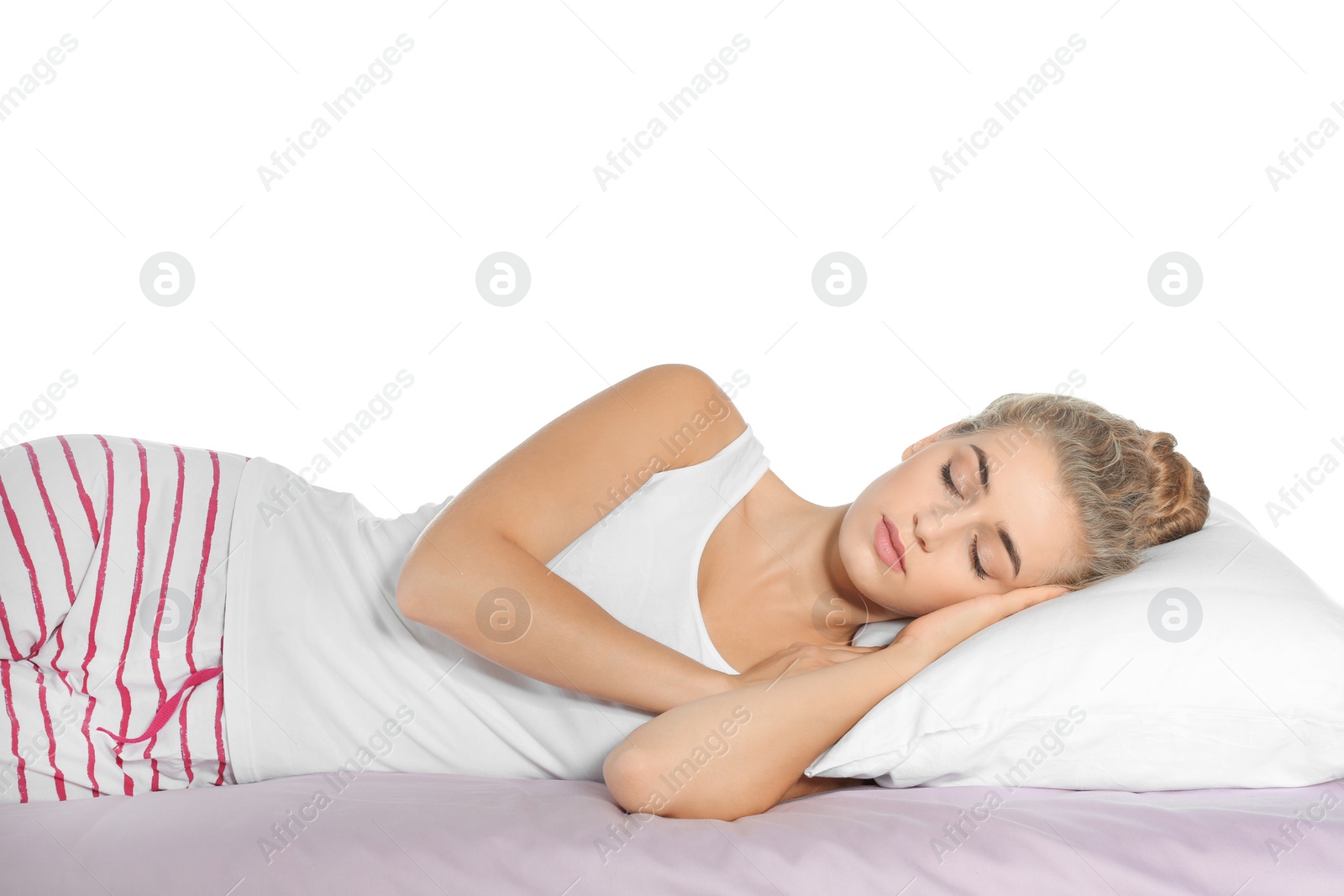 Photo of Beautiful woman sleeping with comfortable pillow on bed against white background