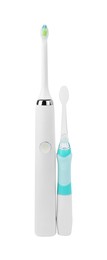 Photo of Electric toothbrushes on white background. Dental care