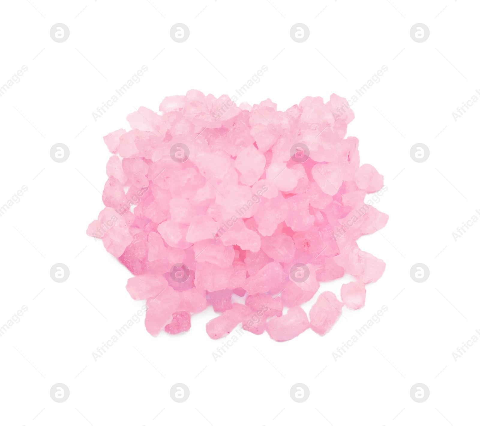 Photo of Heap of pink sea salt isolated on white, top view