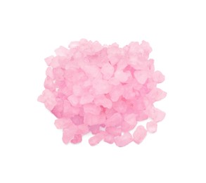 Photo of Heap of pink sea salt isolated on white, top view