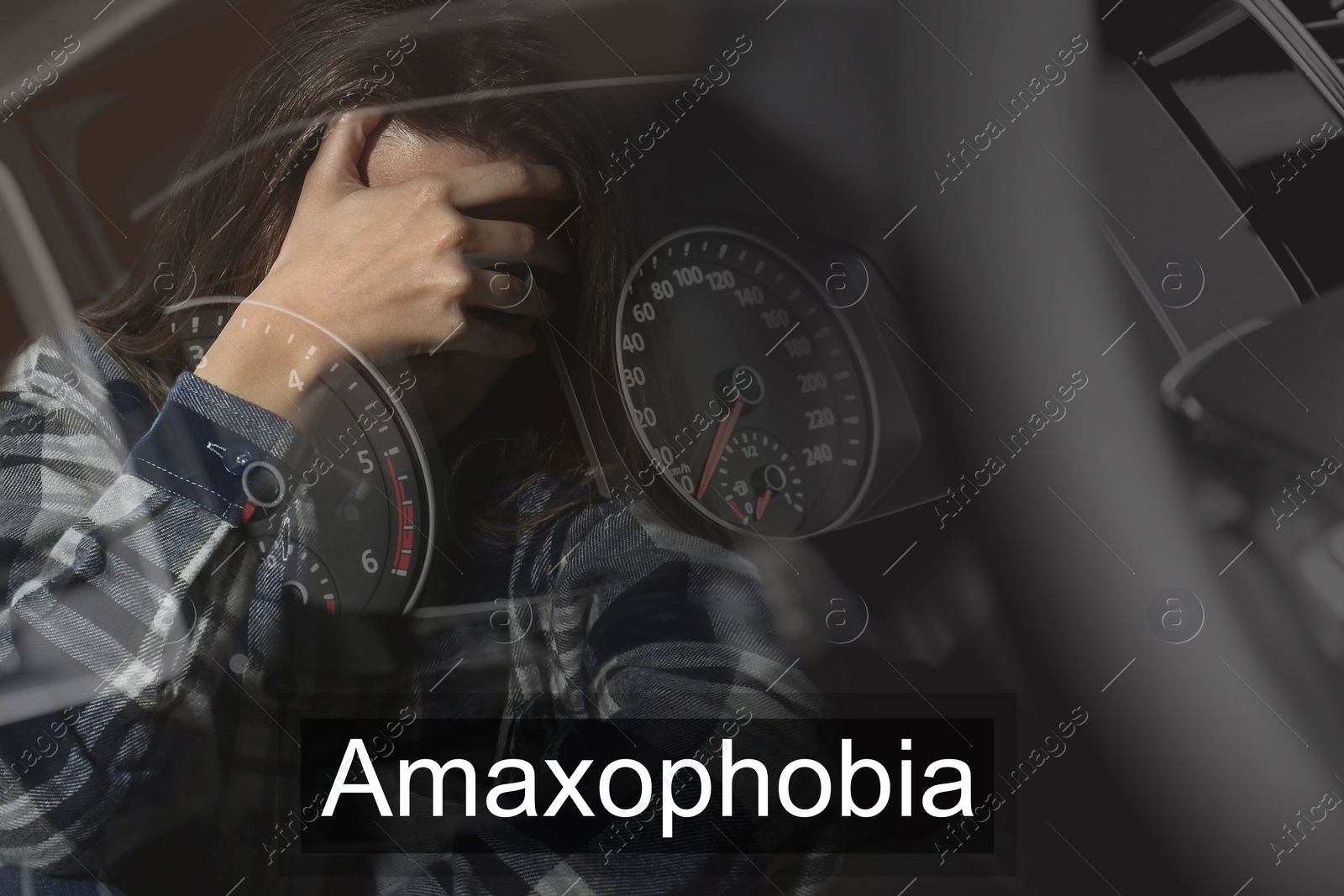 Image of Woman suffering from amaxophobia. Irrational fear of vehicles