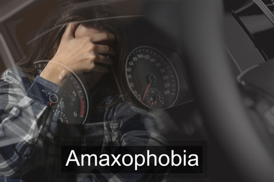 Woman suffering from amaxophobia. Irrational fear of vehicles