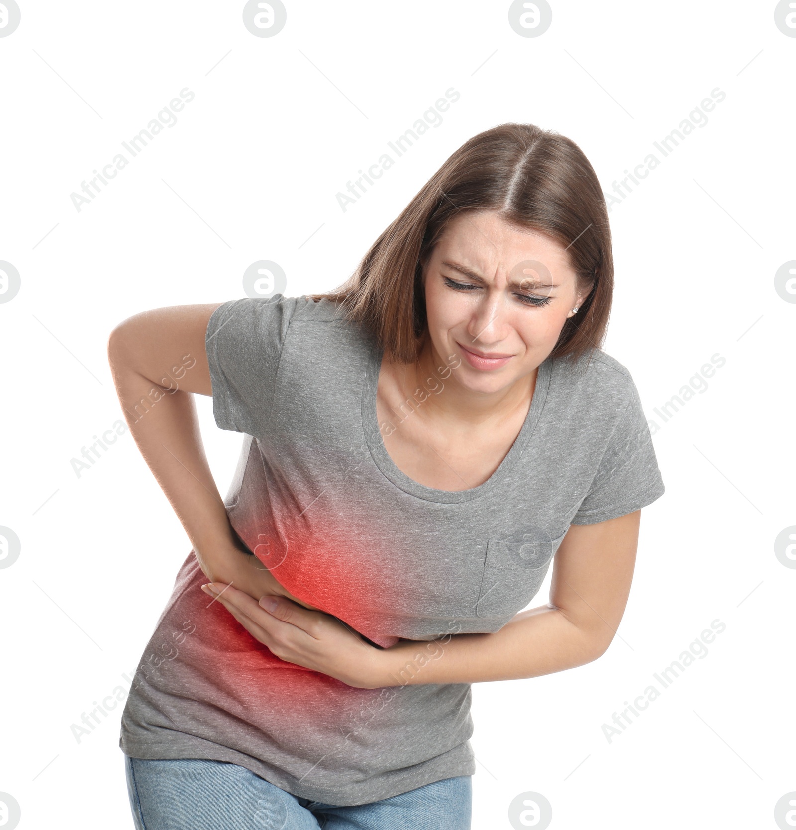 Photo of Young woman suffering from liver pain on white background