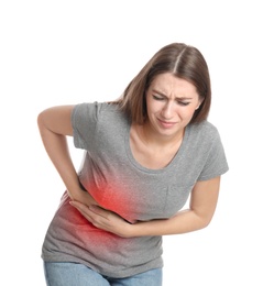 Photo of Young woman suffering from liver pain on white background