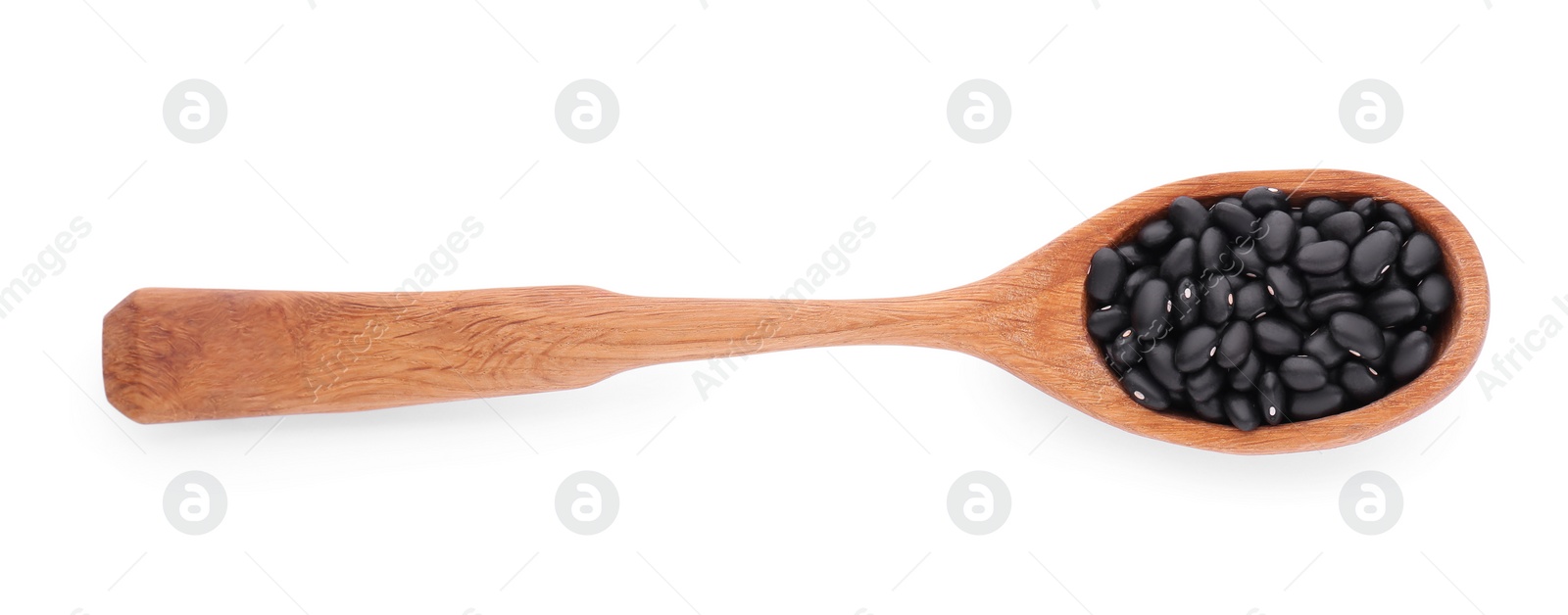 Photo of Wooden spoon with raw kidney beans isolated on white, top view