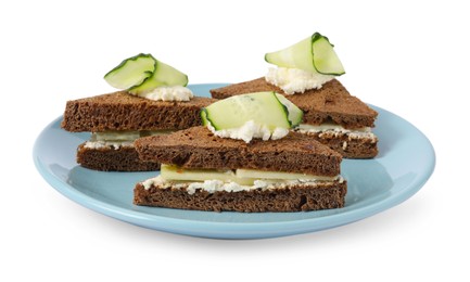 Tasty sandwiches with cucumber and cream cheese on white background